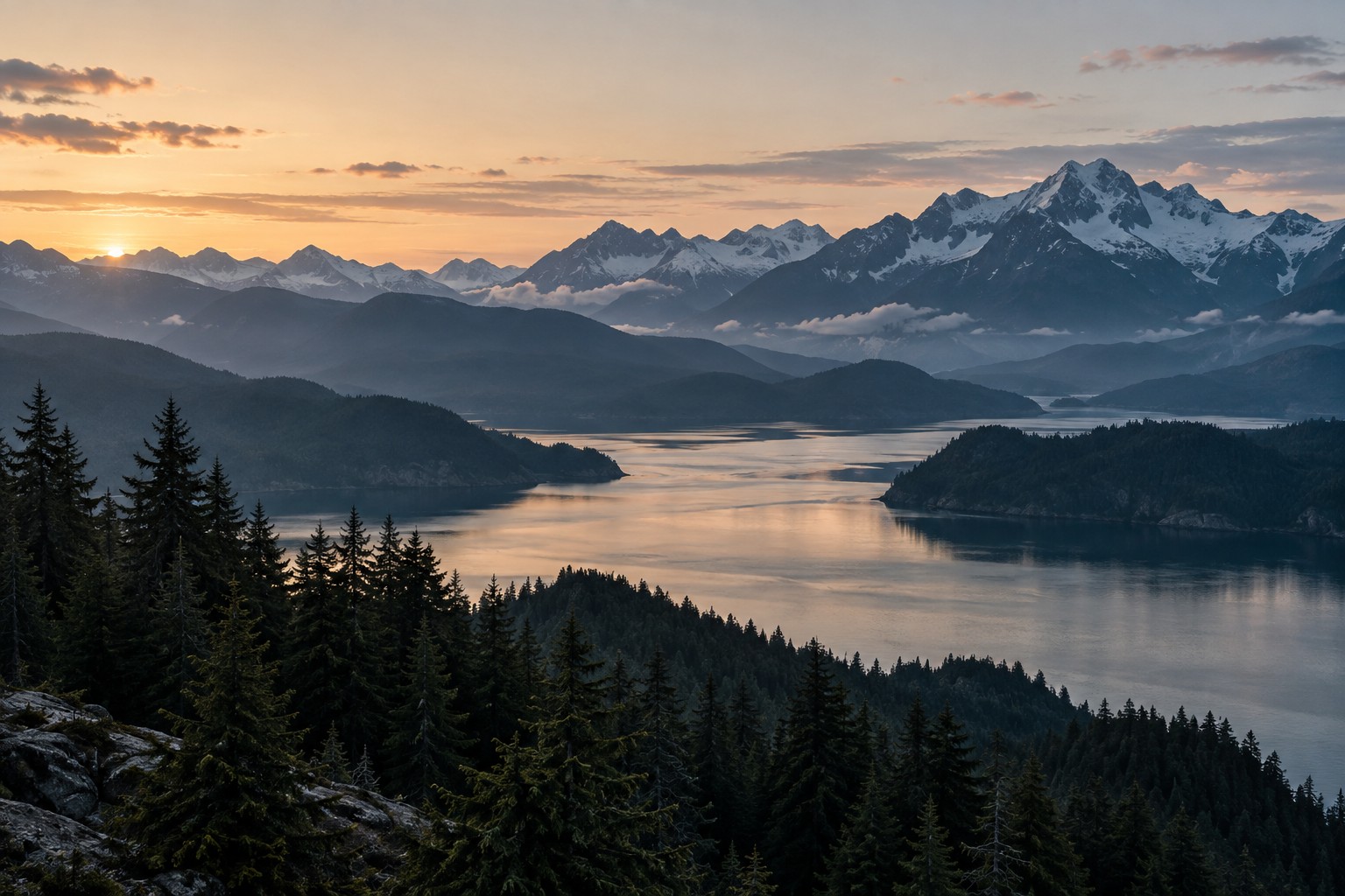 Layered mountain ridges reflected in a quiet Pacific Northwest inlet